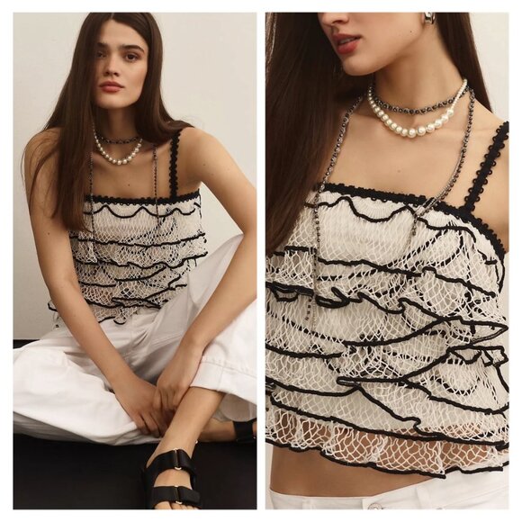 NEW Anthropologie Crochet Ruffle Netting Fishnet Layered Trimmed Cami Ta… - Picture 2 of 5